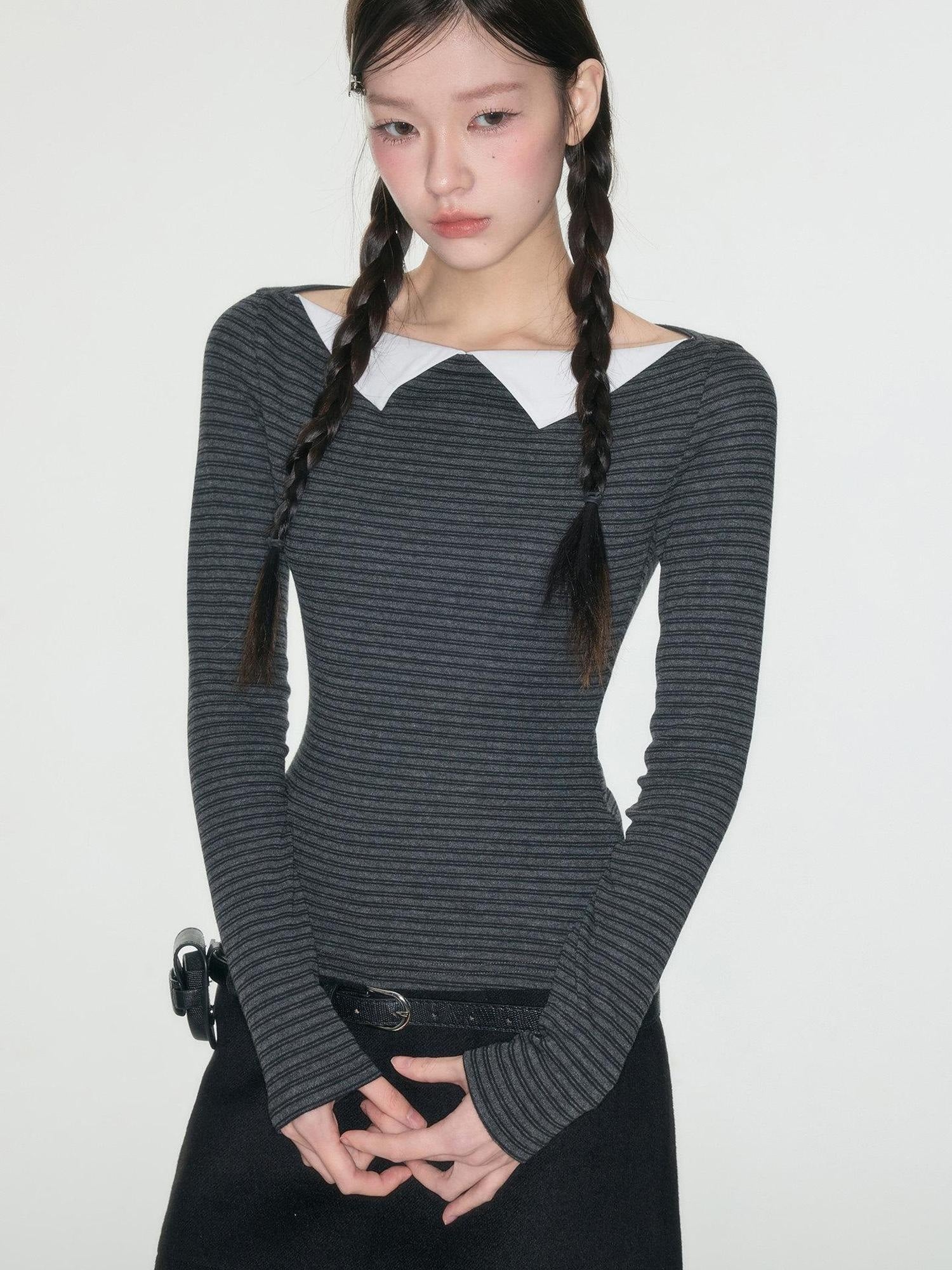 Luamoss Breathable Anti Pilling Slim Korean Patchwork Cotton Blend Long Sleeve T-Shirts