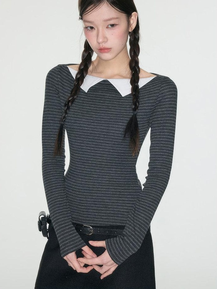 Luamoss Breathable Anti Pilling Slim Korean Patchwork Cotton Blend Long Sleeve T-Shirts