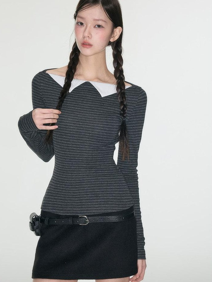 Luamoss Breathable Anti Pilling Slim Korean Patchwork Cotton Blend Long Sleeve T-Shirts