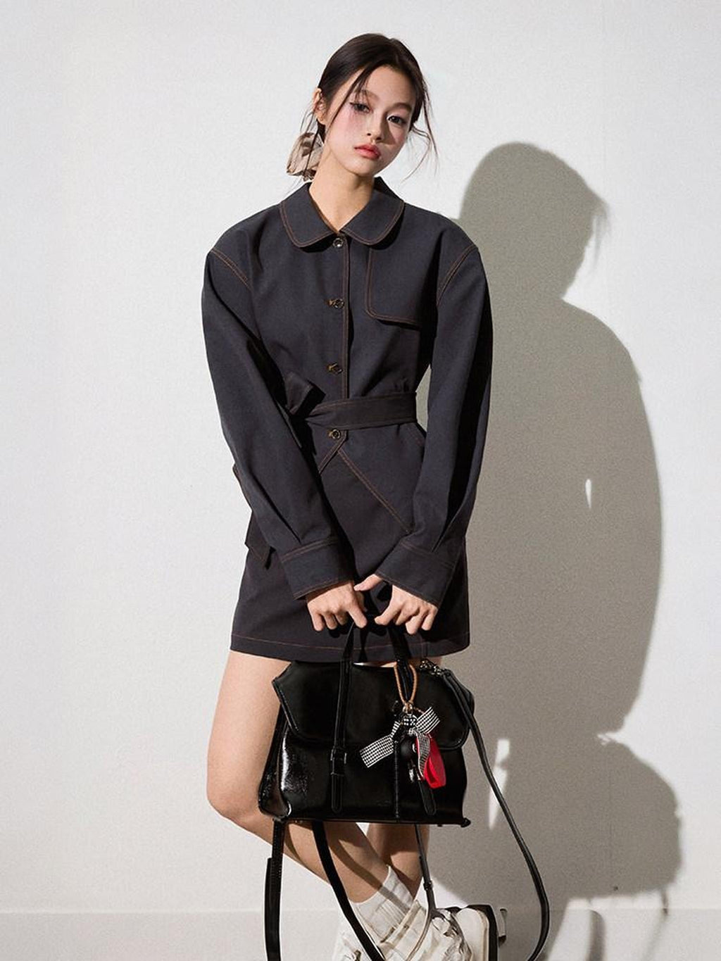 Luamoss Breathable Cotton Long Sleeve Button Lapel Two Piece Chic Youth Top & Skirt Sets