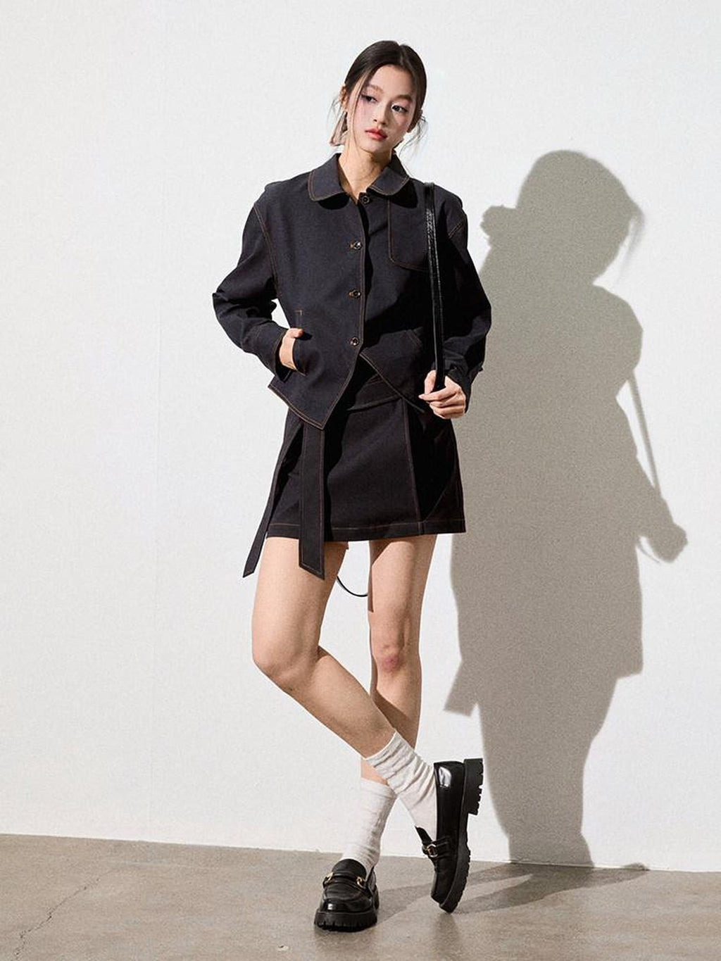 Luamoss Breathable Cotton Long Sleeve Button Lapel Two Piece Chic Youth Top & Skirt Sets