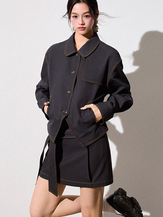 Luamoss Breathable Cotton Long Sleeve Button Lapel Two Piece Chic Youth Top & Skirt Sets