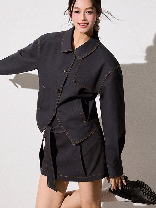 Luamoss Breathable Cotton Long Sleeve Button Lapel Two Piece Chic Youth Top & Skirt Sets
