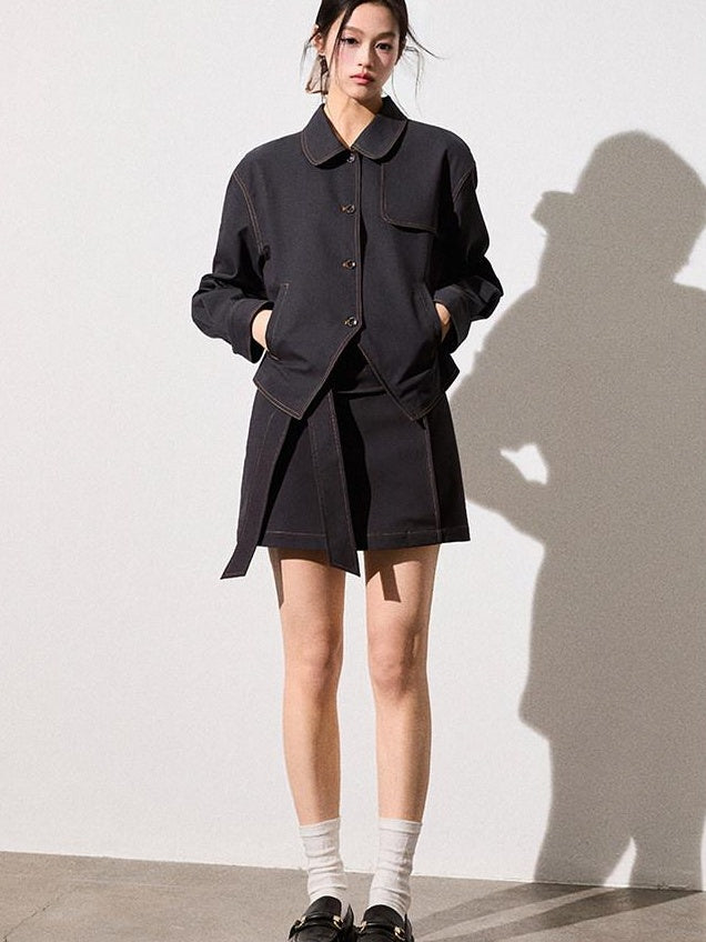Luamoss Breathable Cotton Long Sleeve Button Lapel Two Piece Chic Youth Top & Skirt Sets