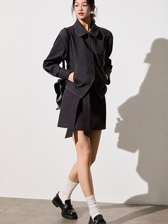 Luamoss Breathable Cotton Long Sleeve Button Lapel Two Piece Chic Youth Top & Skirt Sets