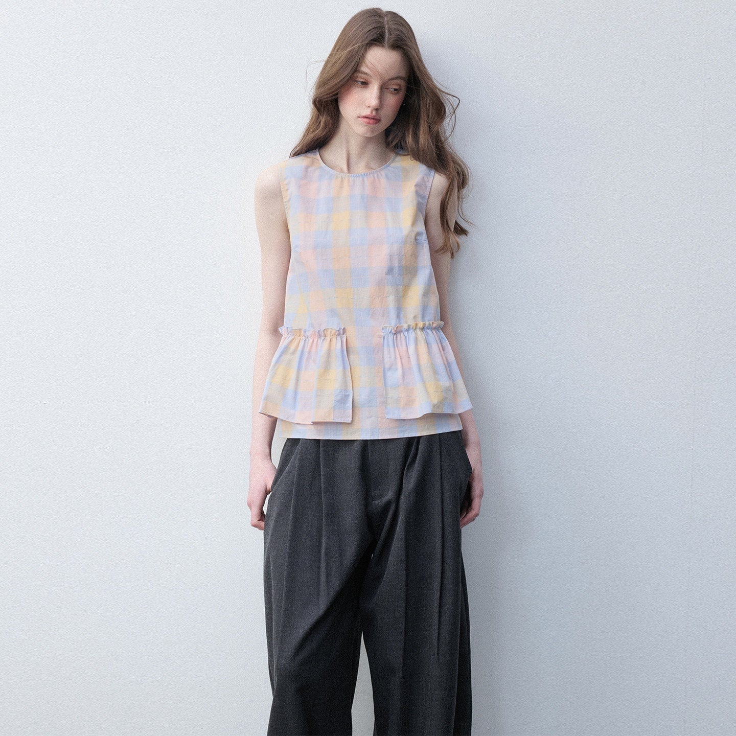 Luamoss_Breathable_Cotton_Loose_H_Silhouette_Round_Neck_Check_Sakura_Pink_Tank_Tops_MISSTT