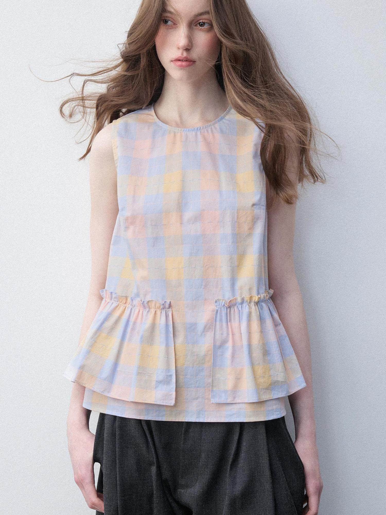 Luamoss Breathable Cotton Loose H Silhouette Round Neck Check Sakura Pink Tank Tops
