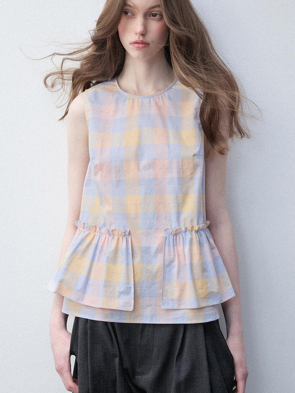 Luamoss Breathable Cotton Loose H Silhouette Round Neck Check Sakura Pink Tank Tops