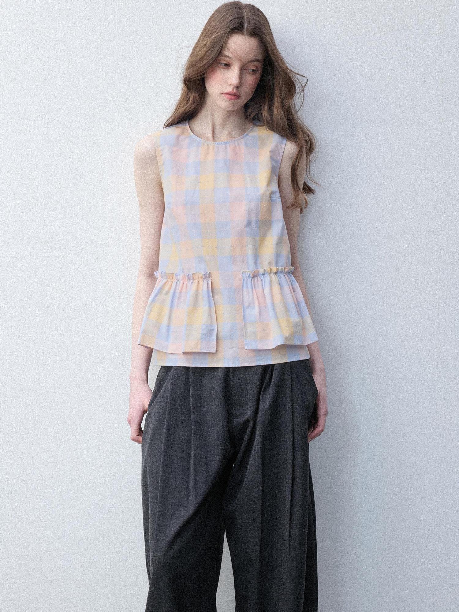 Luamoss Breathable Cotton Loose H Silhouette Round Neck Check Sakura Pink Tank Tops