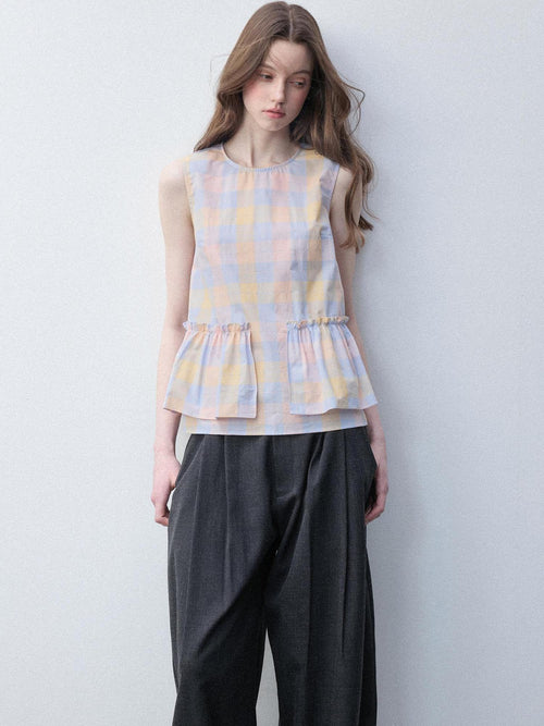 Luamoss Breathable Cotton Loose H Silhouette Round Neck Check Sakura Pink Tank Tops