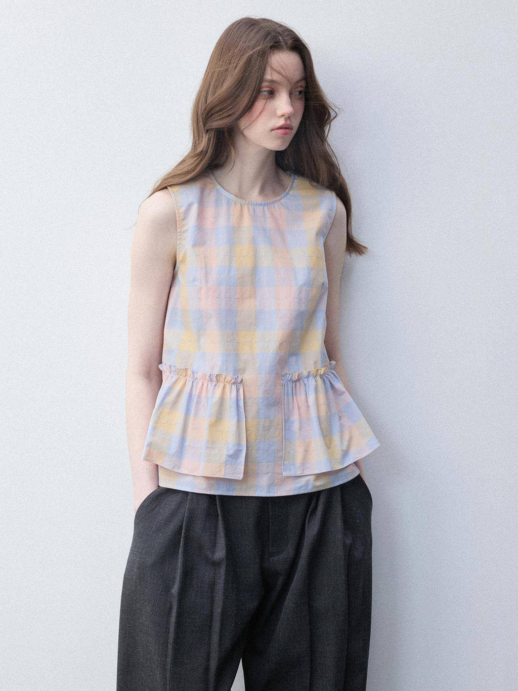 Luamoss Breathable Cotton Loose H Silhouette Round Neck Check Sakura Pink Tank Tops