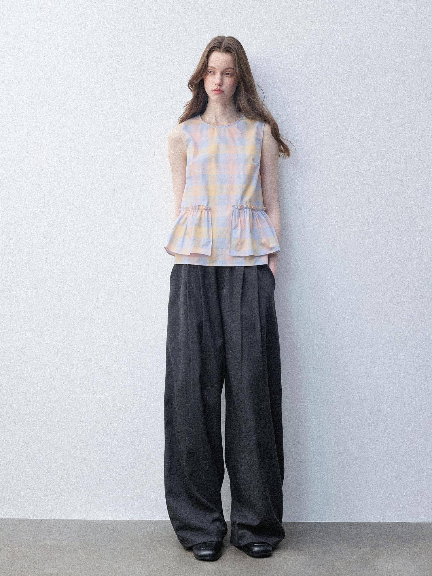 Luamoss Breathable Cotton Loose H Silhouette Round Neck Check Sakura Pink Tank Tops