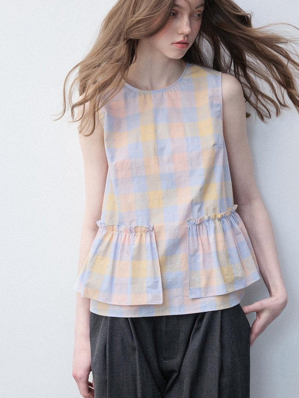 Luamoss Breathable Cotton Loose H Silhouette Round Neck Check Sakura Pink Tank Tops