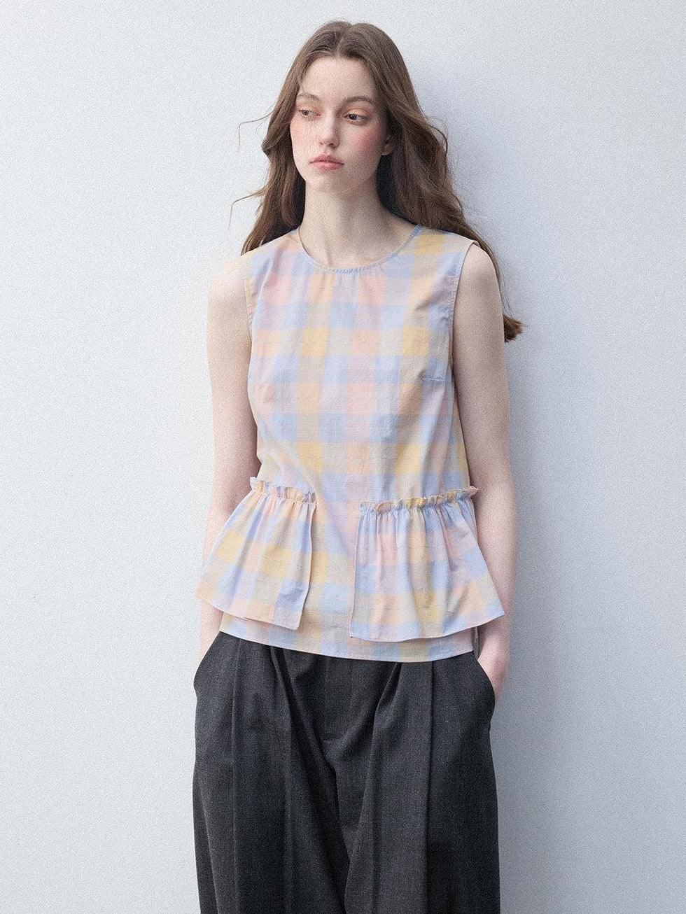 Luamoss Breathable Cotton Loose H Silhouette Round Neck Check Sakura Pink Tank Tops