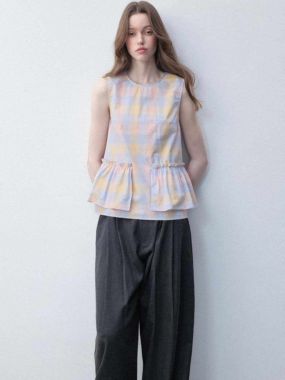 Luamoss Breathable Cotton Loose H Silhouette Round Neck Check Sakura Pink Tank Tops