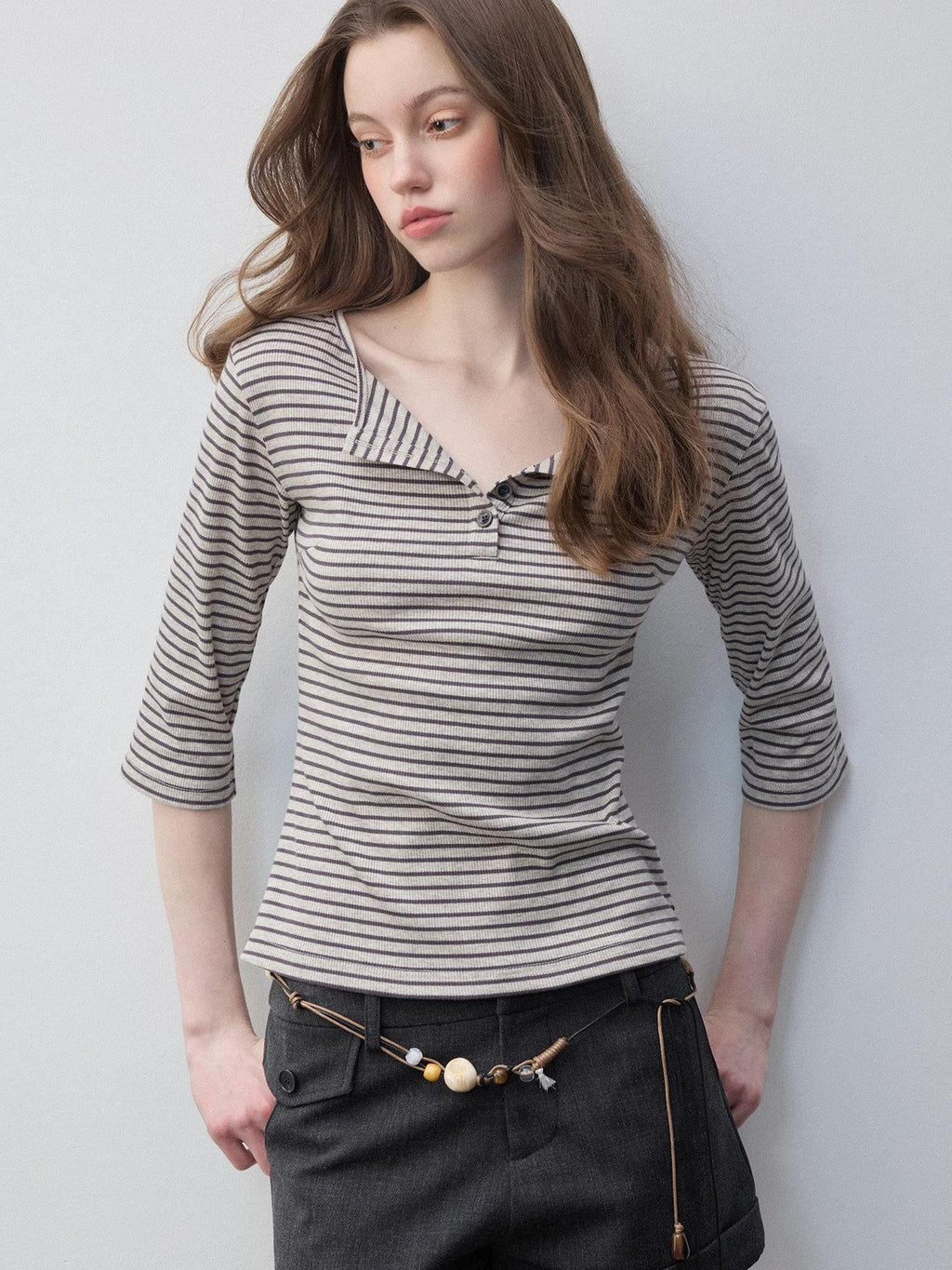 Luamoss Breathable Cotton Stretch Casual Loose Fit Striped Khaki Long Sleeve T-Shirts