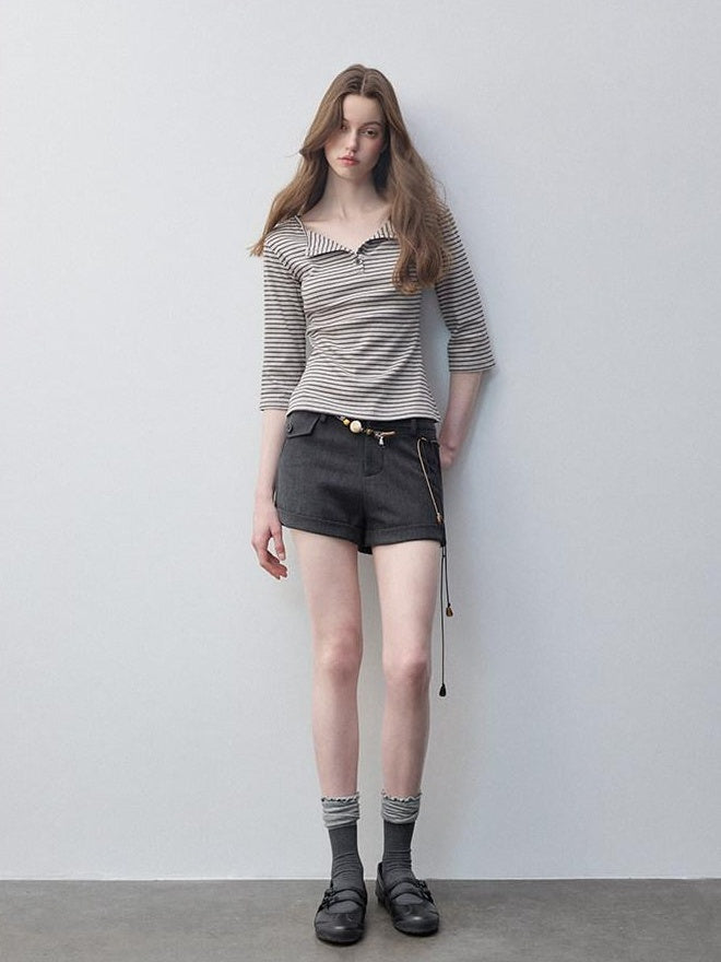 Luamoss Breathable Cotton Stretch Casual Loose Fit Striped Khaki Long Sleeve T-Shirts