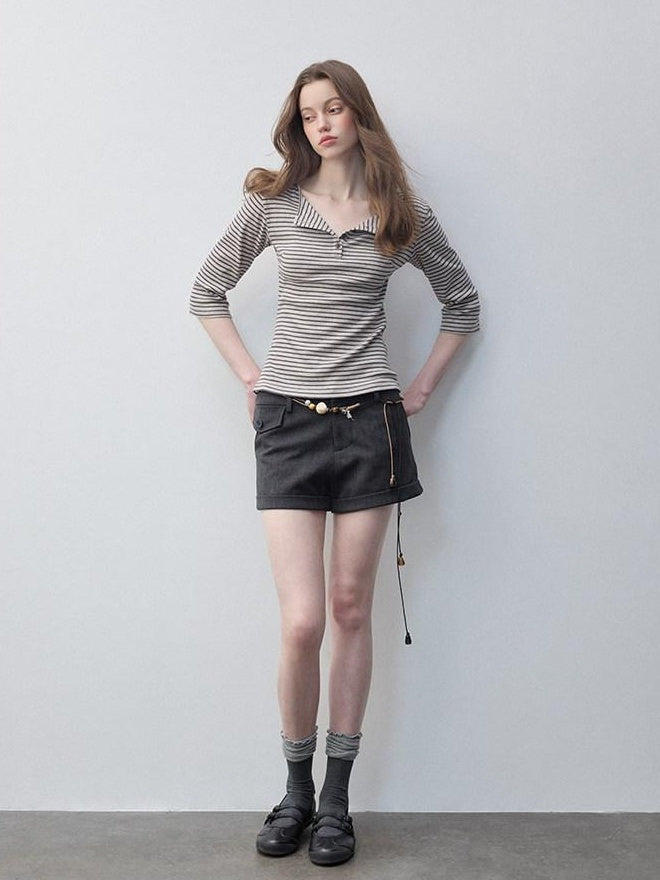 Luamoss Breathable Cotton Stretch Casual Loose Fit Striped Khaki Long Sleeve T-Shirts