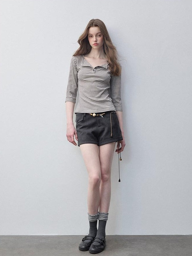 Luamoss Breathable Cotton Stretch Casual Loose Fit Striped Khaki Long Sleeve T-Shirts