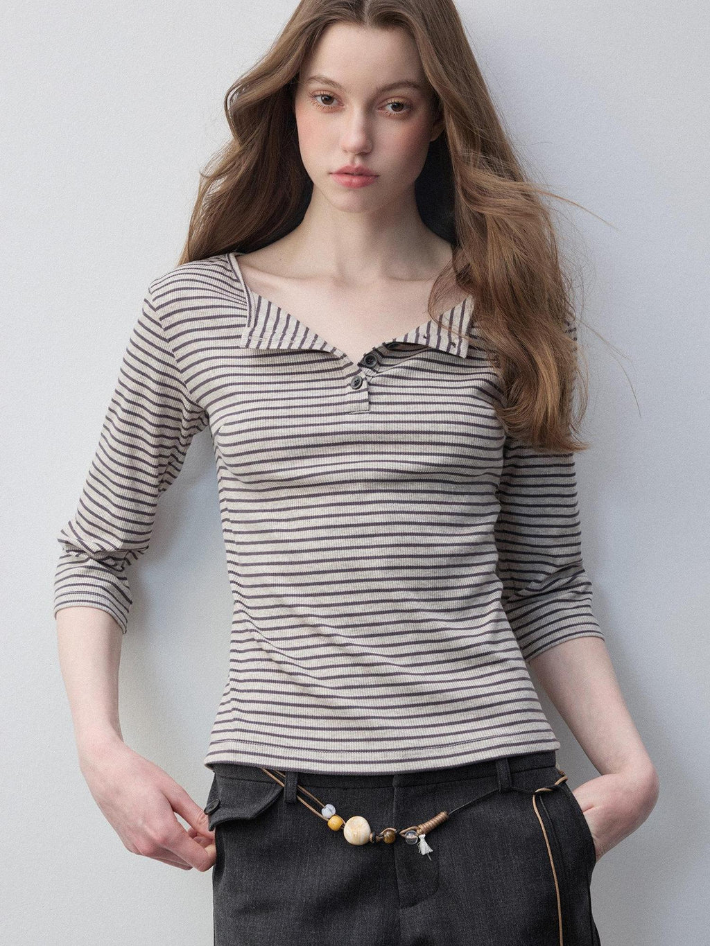 Luamoss Breathable Cotton Stretch Casual Loose Fit Striped Khaki Long Sleeve T-Shirts