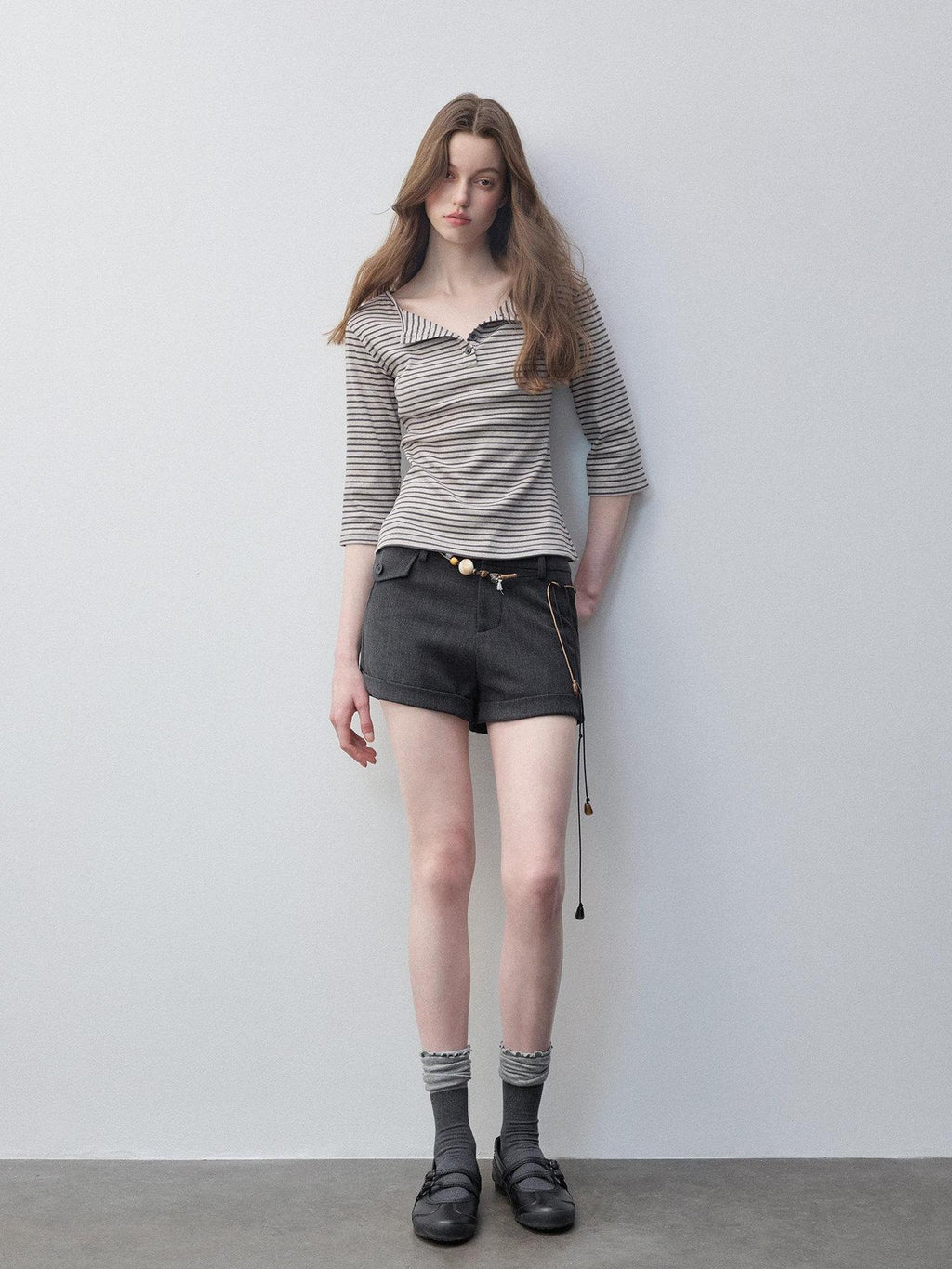 Luamoss Breathable Cotton Stretch Casual Loose Fit Striped Khaki Long Sleeve T-Shirts