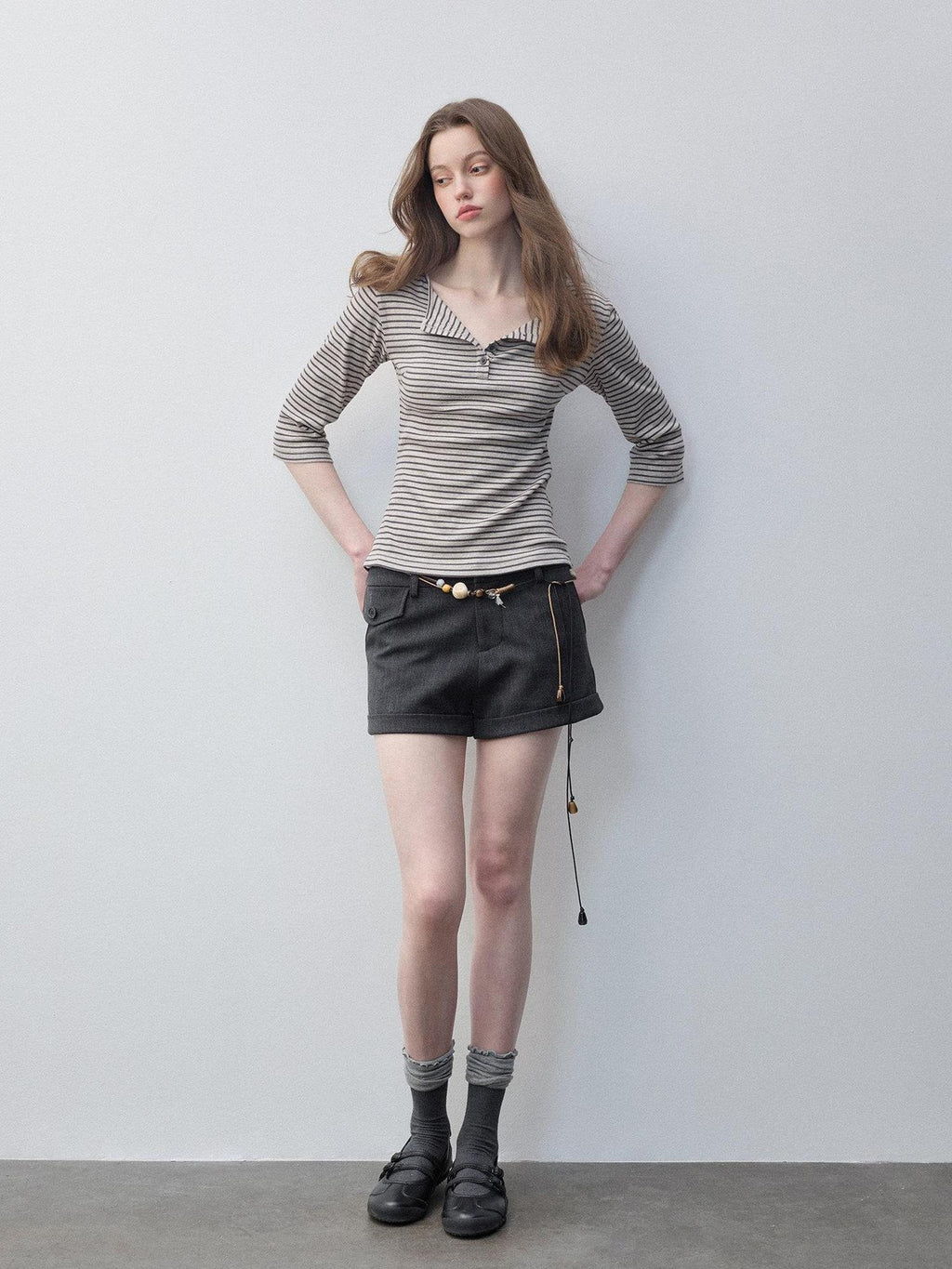 Luamoss Breathable Cotton Stretch Casual Loose Fit Striped Khaki Long Sleeve T-Shirts