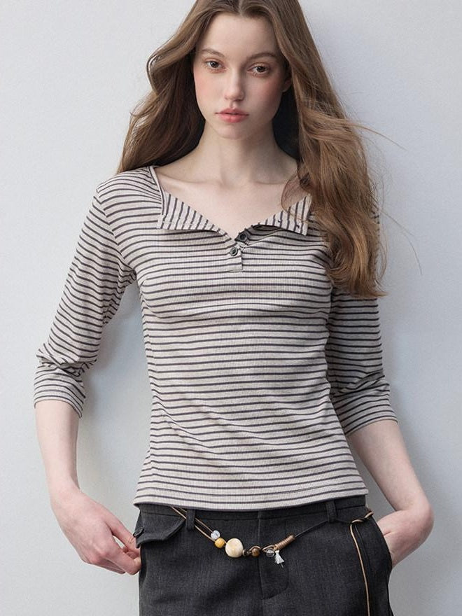 Luamoss Breathable Cotton Stretch Casual Loose Fit Striped Khaki Long Sleeve T-Shirts