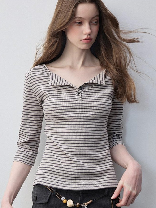 Luamoss Breathable Cotton Stretch Casual Loose Fit Striped Khaki Long Sleeve T-Shirts