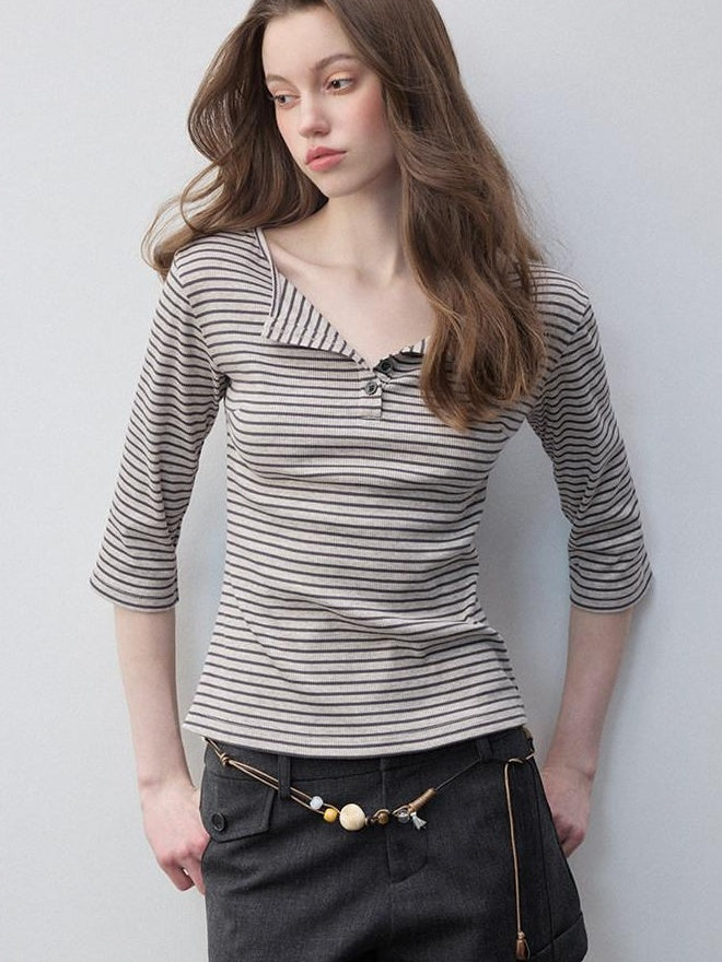 Luamoss Breathable Cotton Stretch Casual Loose Fit Striped Khaki Long Sleeve T-Shirts