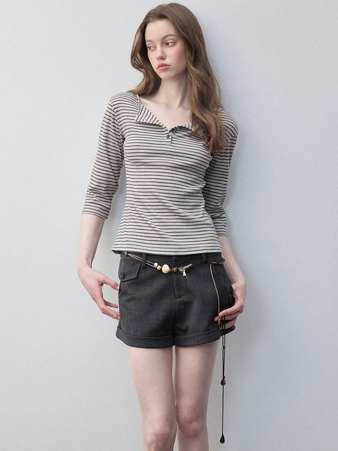 Luamoss Breathable Cotton Stretch Casual Loose Fit Striped Khaki Long Sleeve T-Shirts
