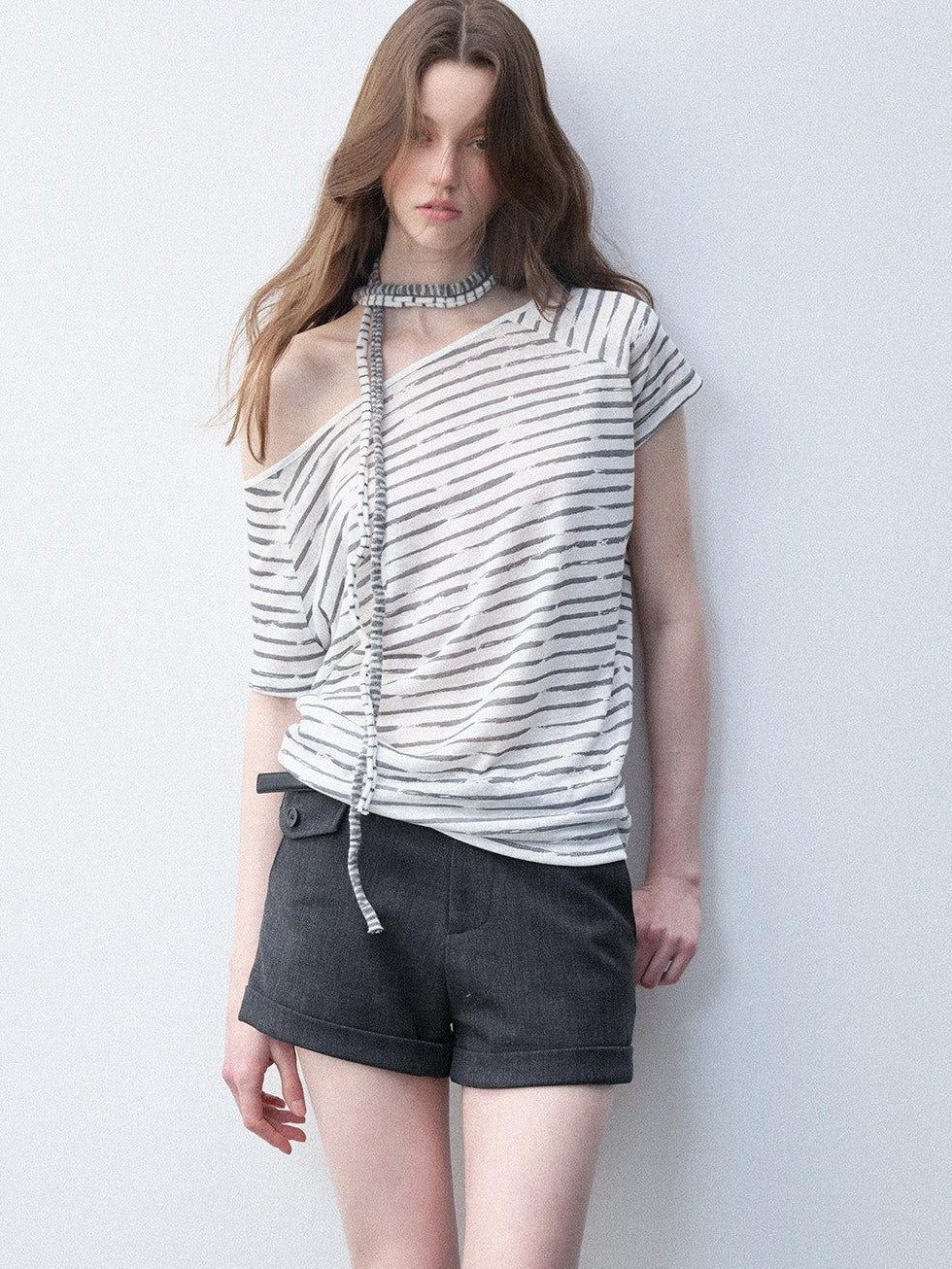 Luamoss Breathable Lyocell Casual Loose Striped Asymmetric Women Short Sleeve T-Shirts