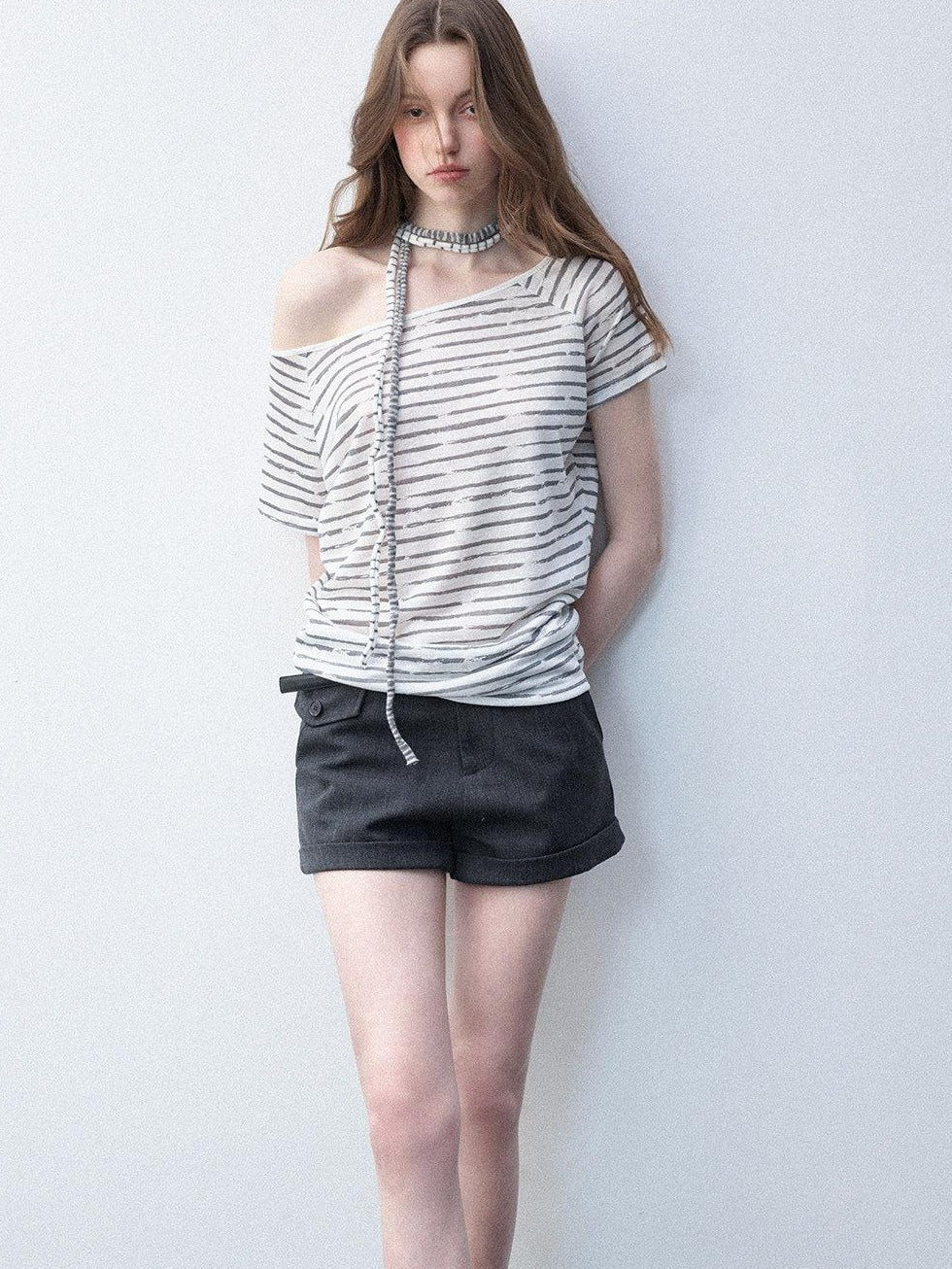 Luamoss Breathable Lyocell Casual Loose Striped Asymmetric Women Short Sleeve T-Shirts