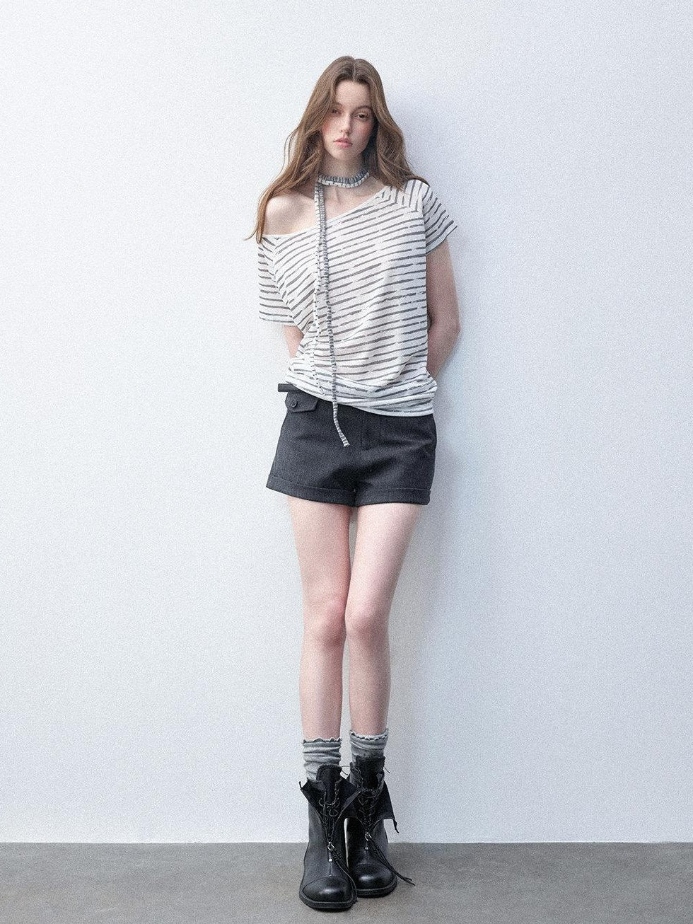 Luamoss Breathable Lyocell Casual Loose Striped Asymmetric Women Short Sleeve T-Shirts