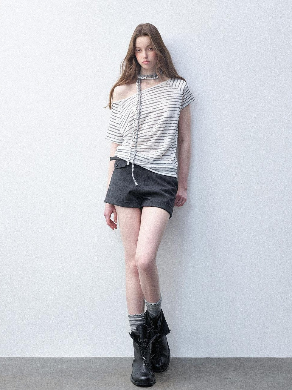 Luamoss Breathable Lyocell Casual Loose Striped Asymmetric Women Short Sleeve T-Shirts