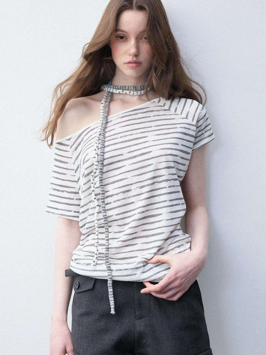 Luamoss Breathable Lyocell Casual Loose Striped Asymmetric Women Short Sleeve T-Shirts