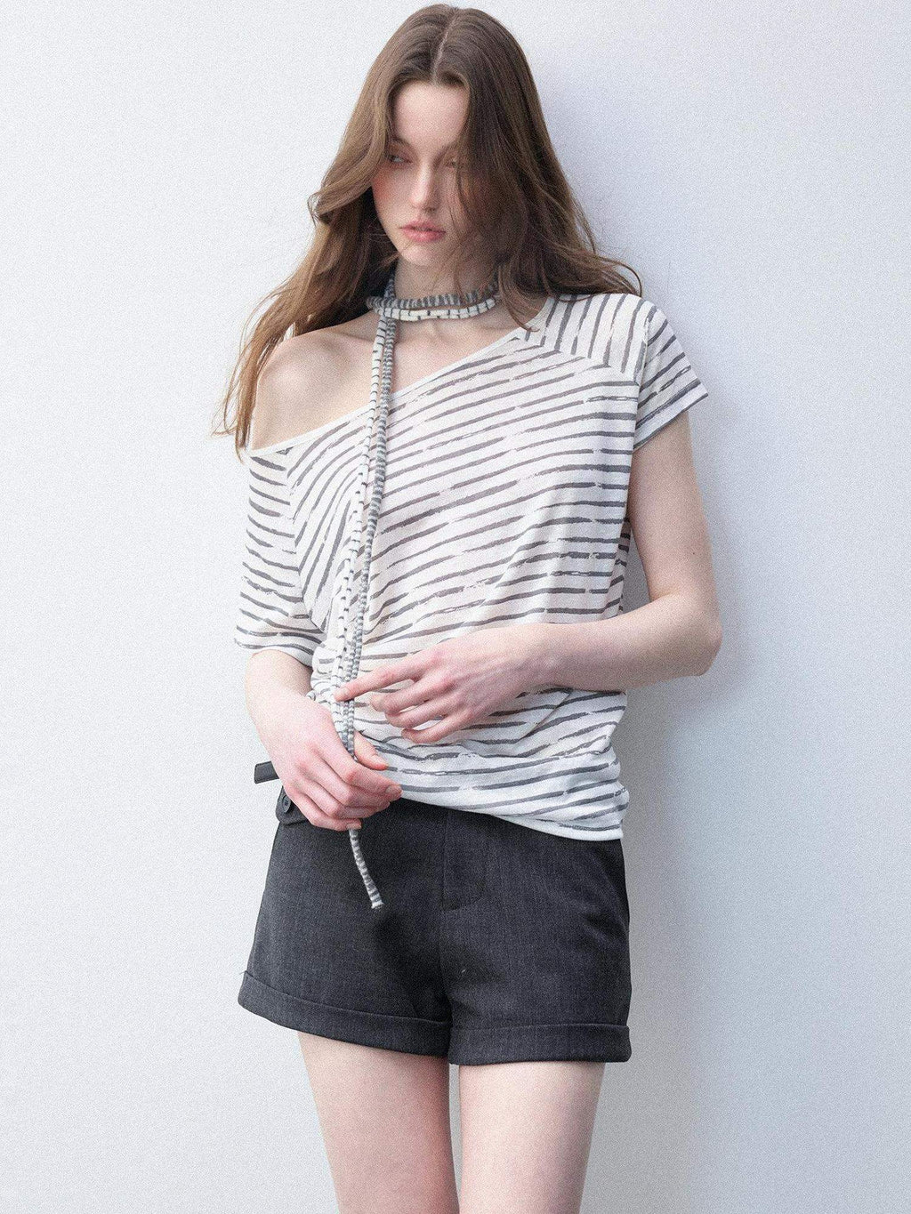 Luamoss Breathable Lyocell Casual Loose Striped Asymmetric Women Short Sleeve T-Shirts