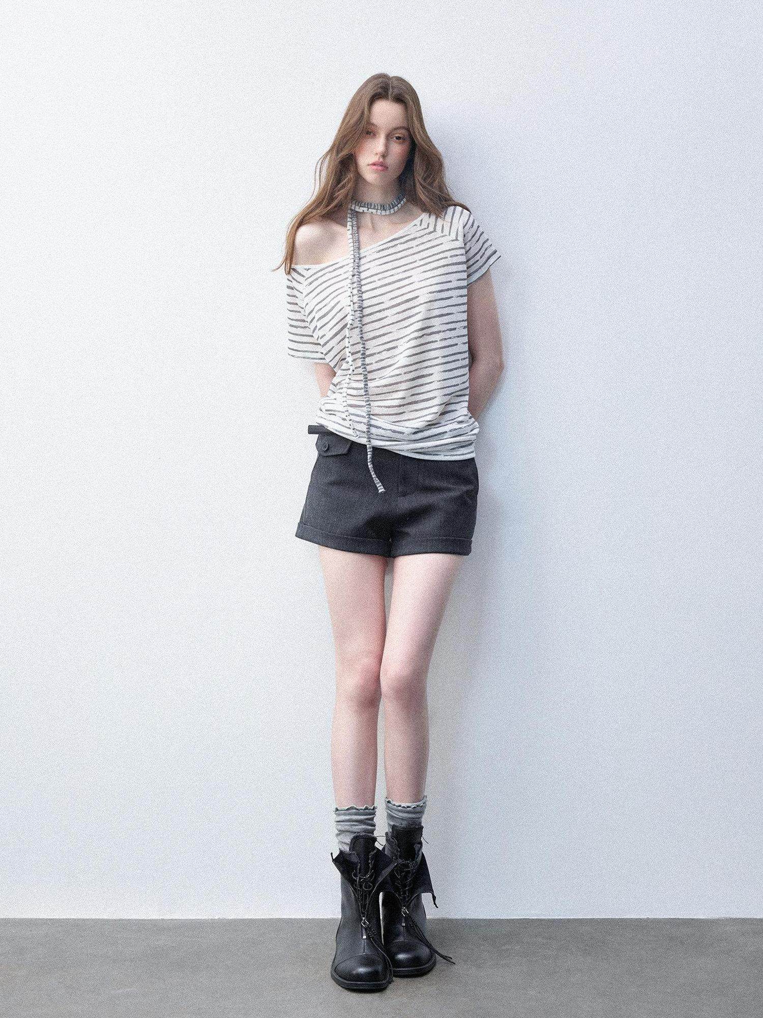 Luamoss Breathable Lyocell Casual Loose Striped Asymmetric Women Short Sleeve T-Shirts
