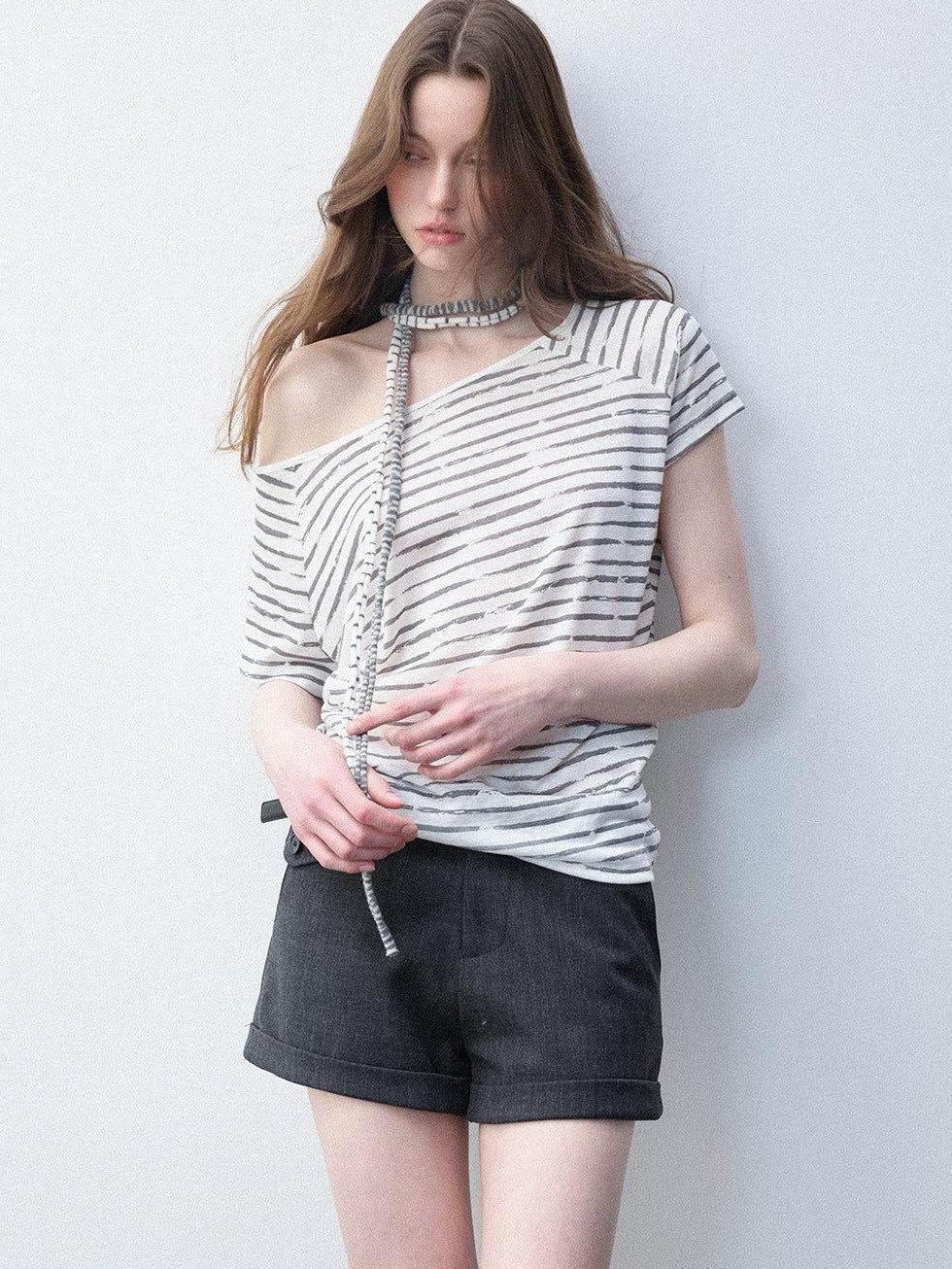 Luamoss Breathable Lyocell Casual Loose Striped Asymmetric Women Short Sleeve T-Shirts