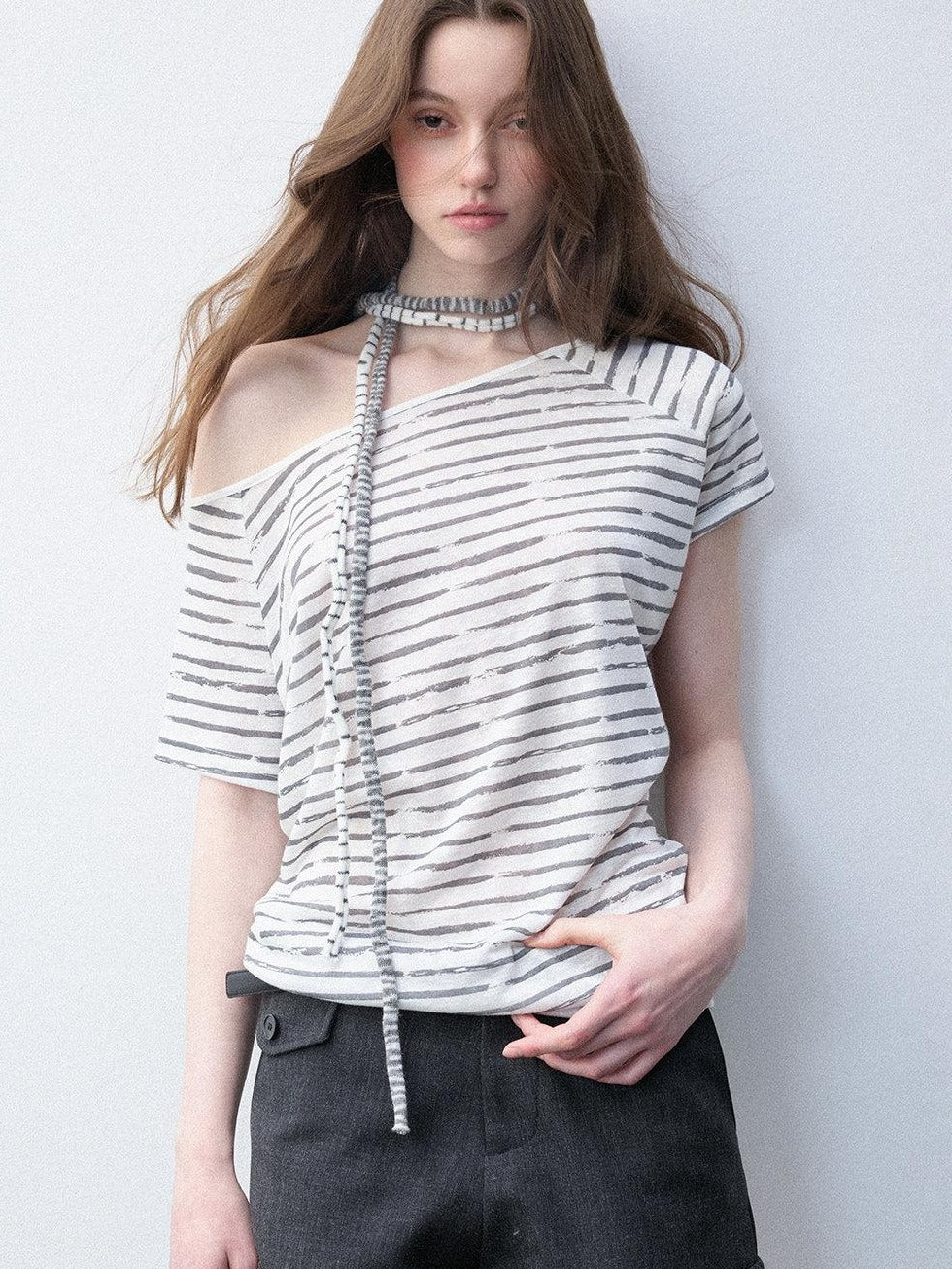 Luamoss Breathable Lyocell Casual Loose Striped Asymmetric Women Short Sleeve T-Shirts