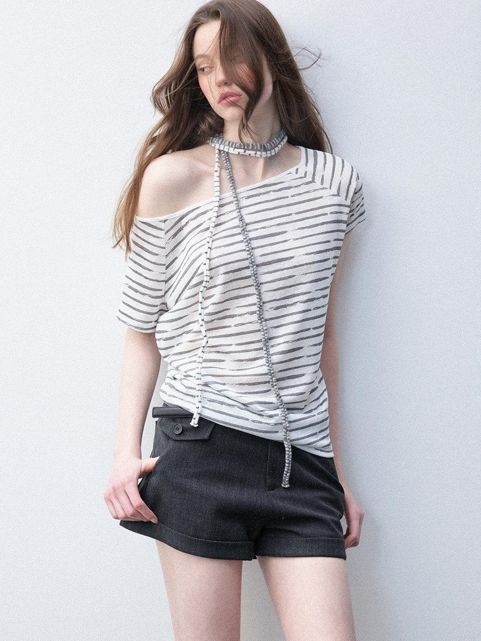 Luamoss Breathable Lyocell Casual Loose Striped Asymmetric Women Short Sleeve T-Shirts