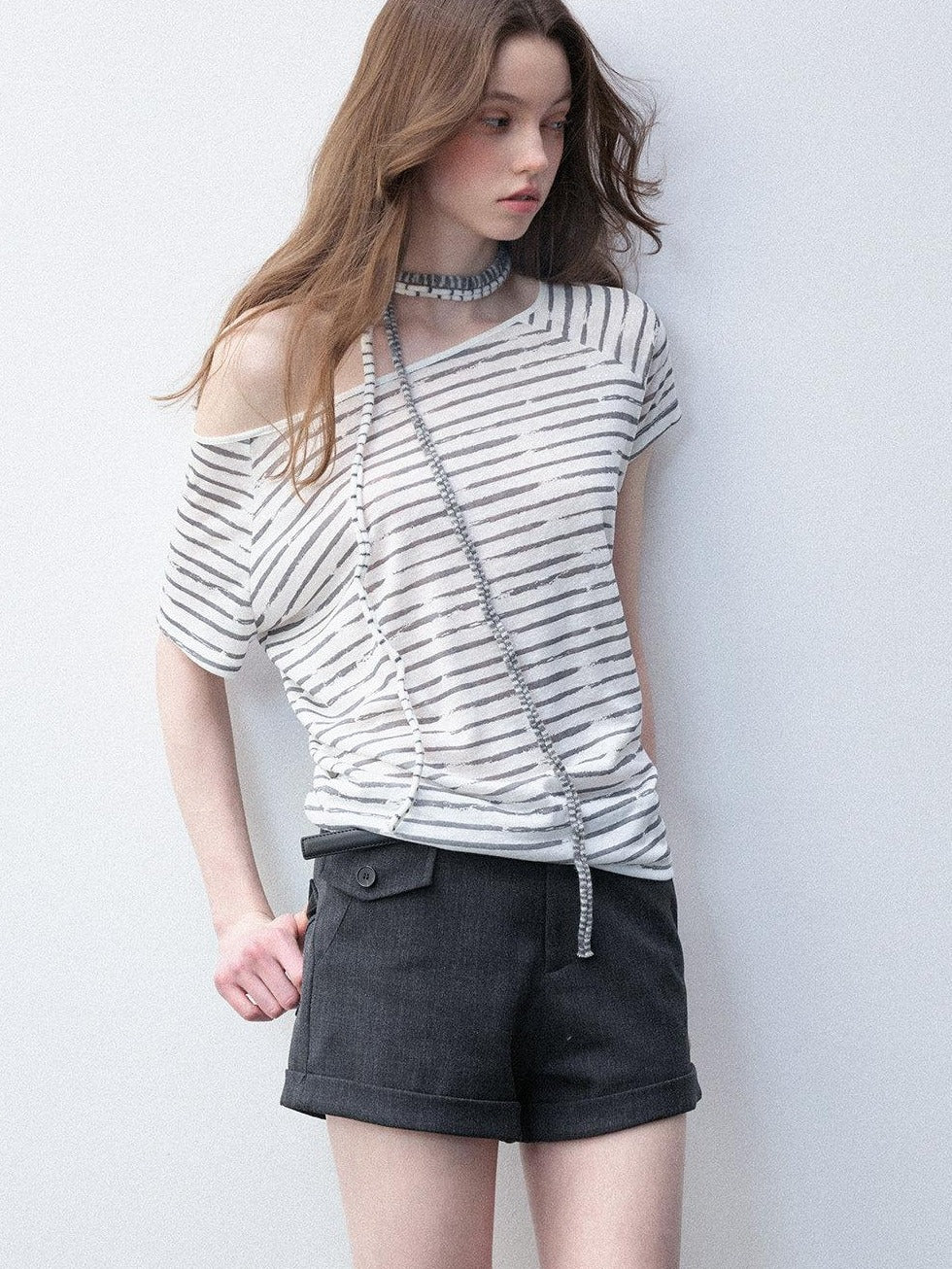 Luamoss Breathable Lyocell Casual Loose Striped Asymmetric Women Short Sleeve T-Shirts