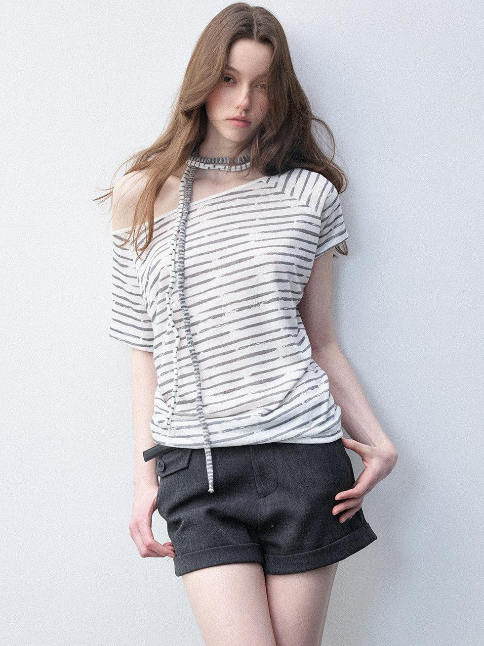 Luamoss Breathable Lyocell Casual Loose Striped Asymmetric Women Short Sleeve T-Shirts