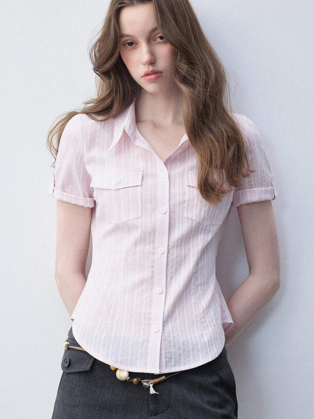 Luamoss Breathable Pure Cotton Slim Fit Casual Striped Collared For Women Pink Shirts
