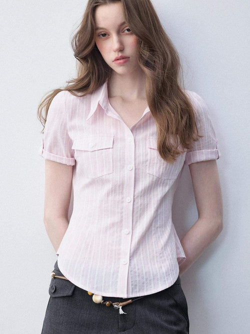 Luamoss Breathable Pure Cotton Slim Fit Casual Striped Collared For Women Pink Shirts