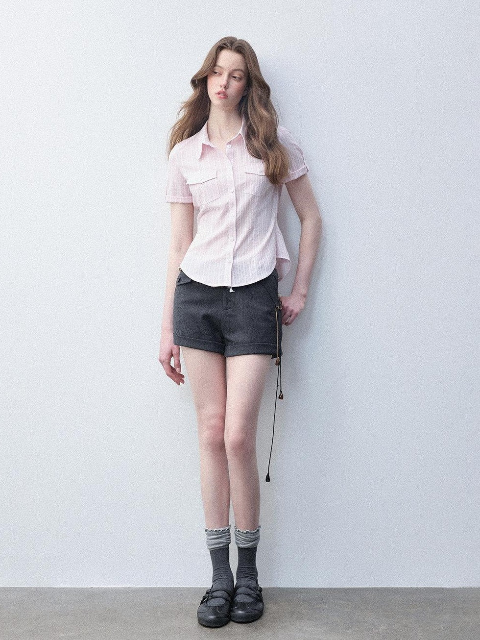Luamoss Breathable Pure Cotton Slim Fit Casual Striped Collared For Women Pink Shirts