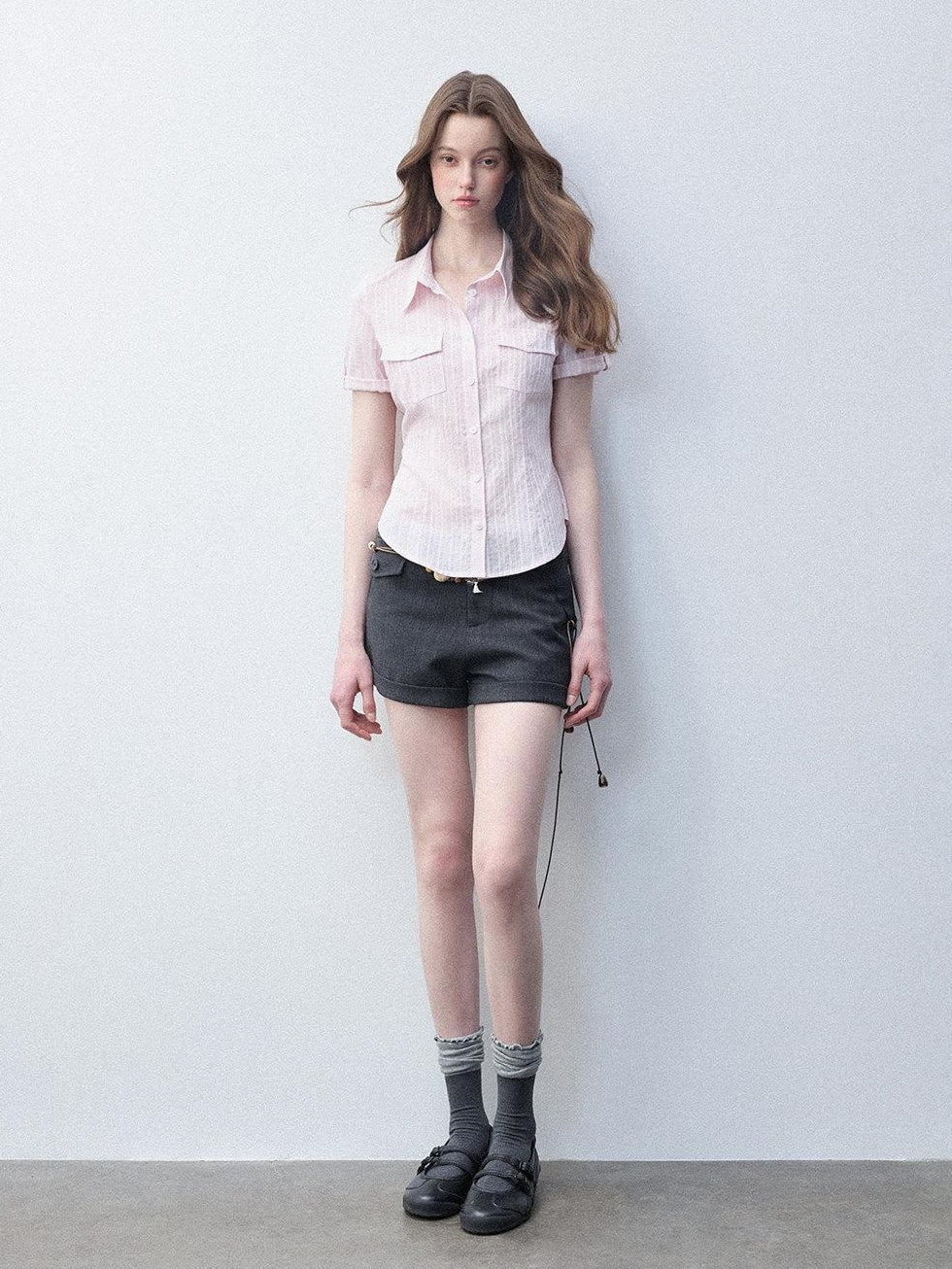 Luamoss Breathable Pure Cotton Slim Fit Casual Striped Collared For Women Pink Shirts