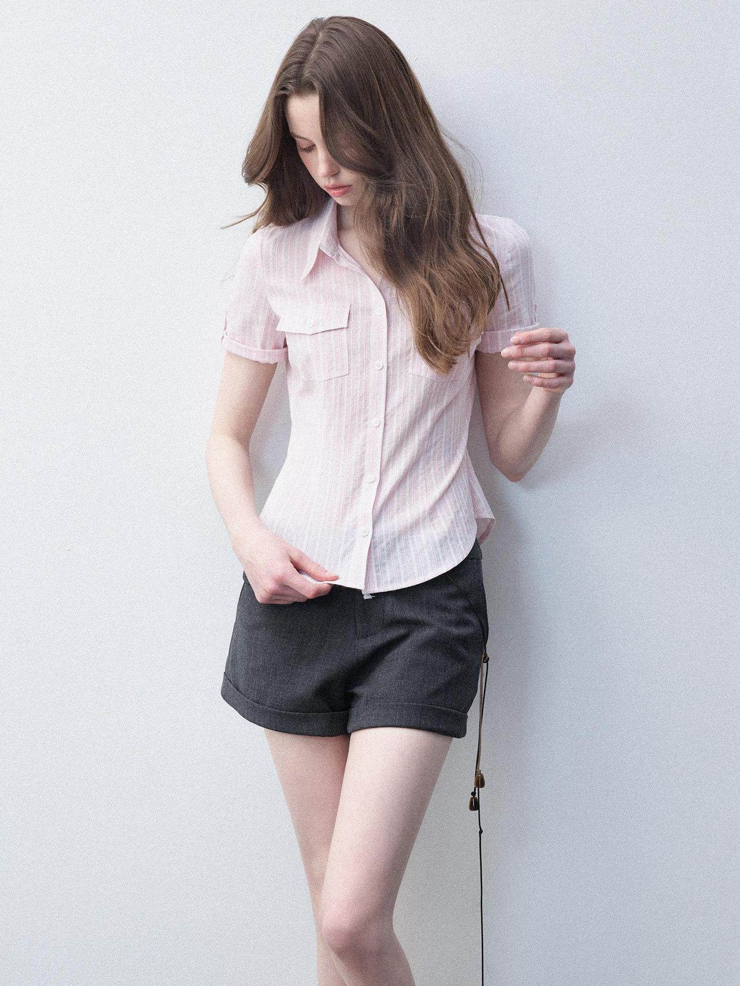 Luamoss Breathable Pure Cotton Slim Fit Casual Striped Collared For Women Pink Shirts