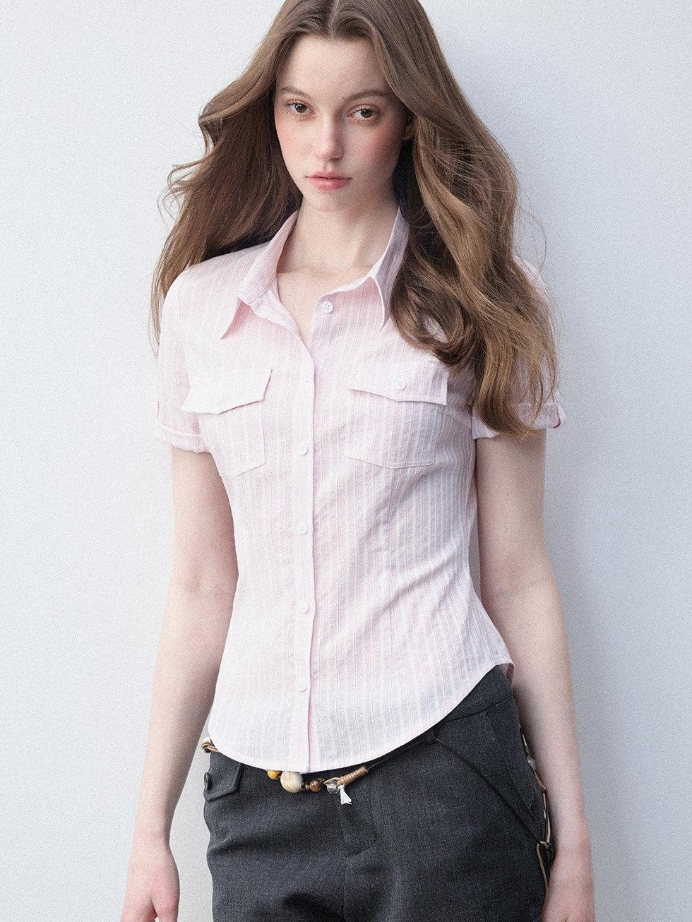 Luamoss Breathable Pure Cotton Slim Fit Casual Striped Collared For Women Pink Shirts