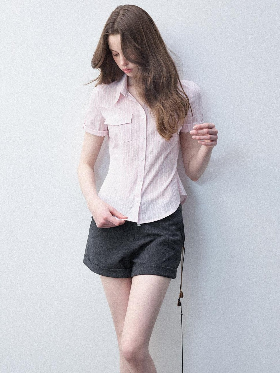 Luamoss Breathable Pure Cotton Slim Fit Casual Striped Collared For Women Pink Shirts