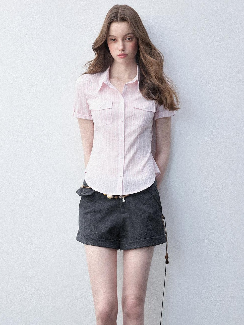 Luamoss Breathable Pure Cotton Slim Fit Casual Striped Collared For Women Pink Shirts